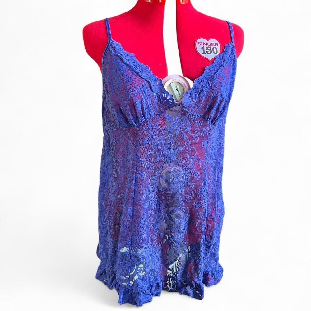 Purple lace babydoll slip dress nightgown lingerie ruffled hem adjustable straps